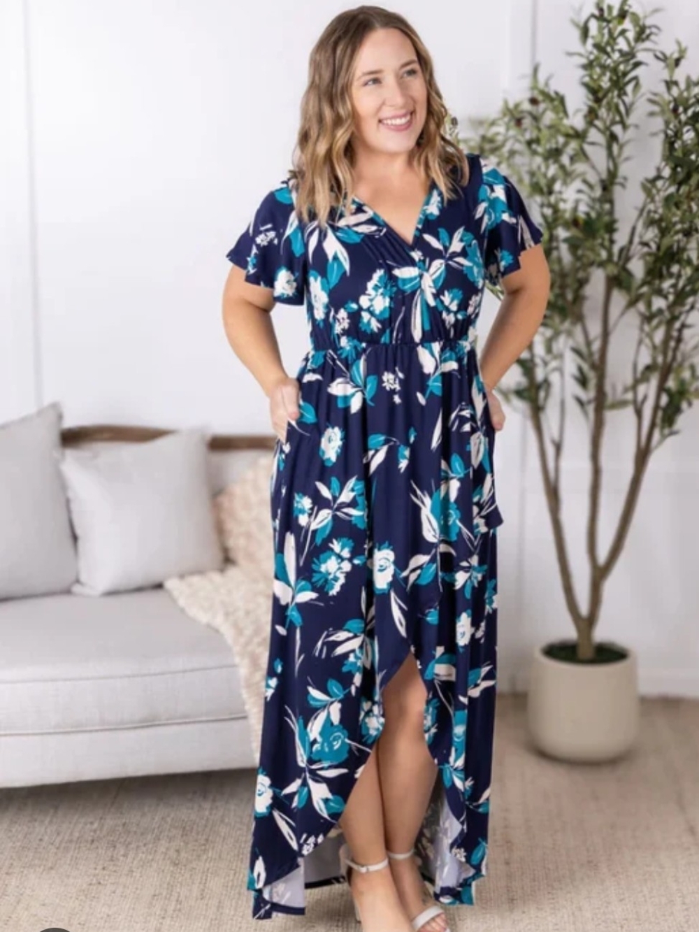 Michelle Mae Navy Floral High-Low Maxi Dress